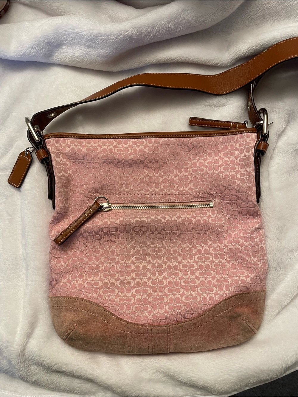 Coach Vintage Pink Signature Canvas Shoulder Bag with Brown Leather Trim